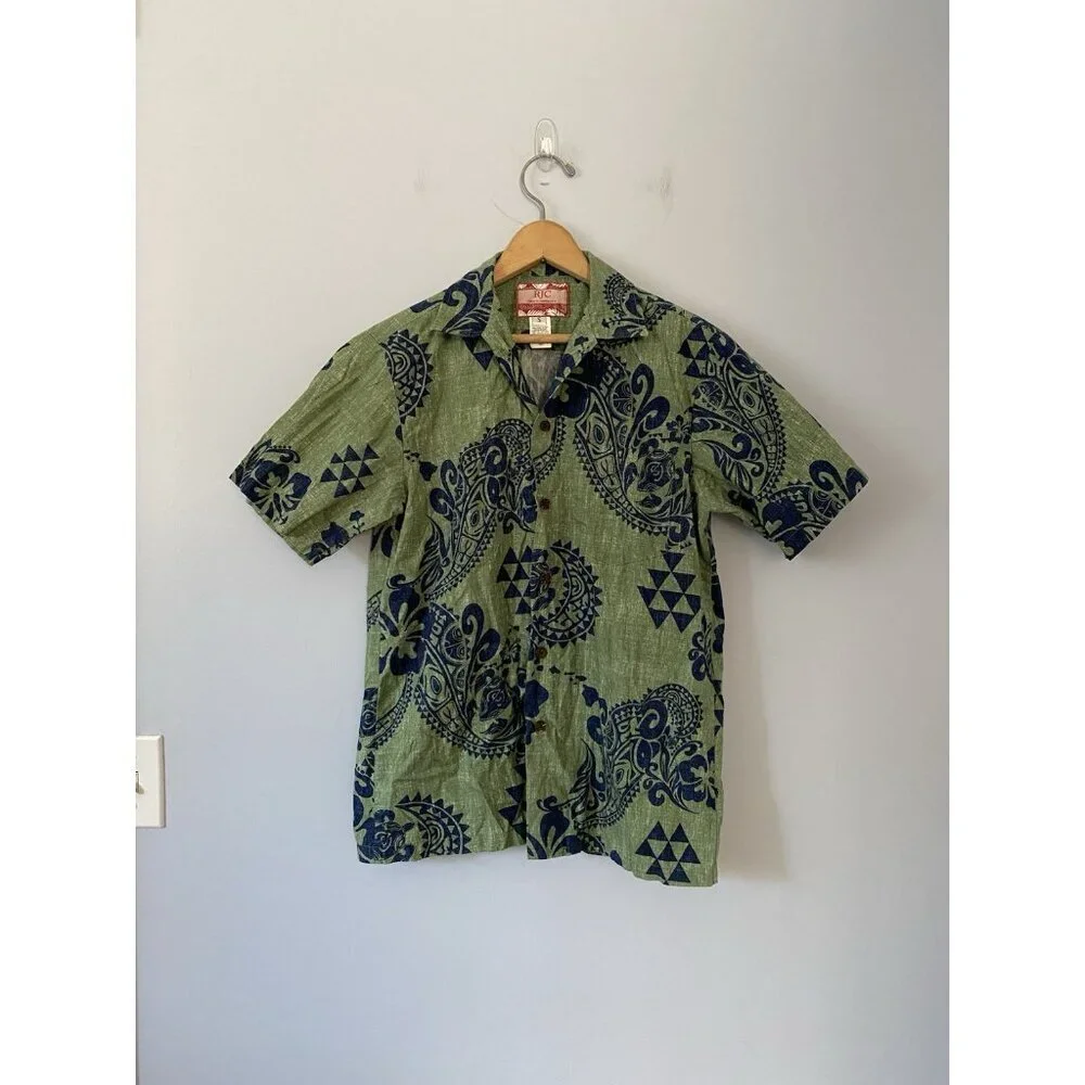 RJC Mens Size S Green & Blue Hawaiian Shirt Geometric Floral Print Made in USA